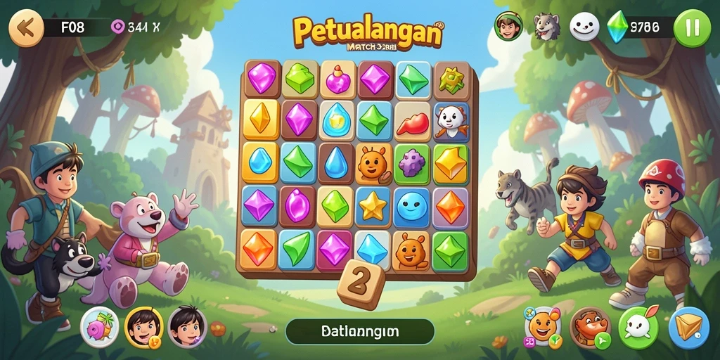 Screenshot utama F08 dengan gameplay Match-3 yang menarik.