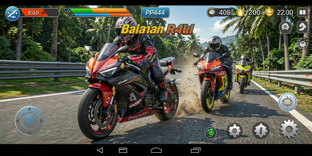 Tampilan gameplay seru PP444 dengan balapan motor yang menegangkan.