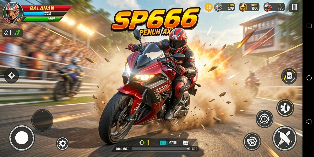 Gameplay seru SP666 dengan balapan motor yang intens.